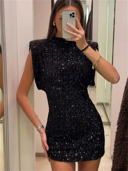 Tossy Sequin Sleeveless Mini Dress for Black Slim Patchwork Glitter Party Dress Gown ’s Dress New