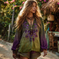 Vintage Purple Floral Embroidery Linen V Neck Long Sleeve Shirt elevenforest