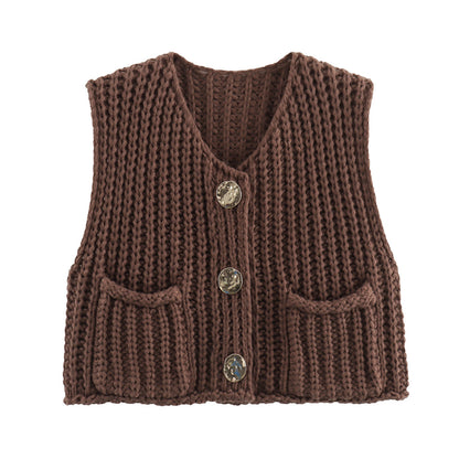 Large Buttons Color Knit Vest Cardigan