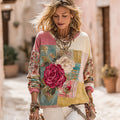 Women's Vintage Rose Floral Patchwork Crew Neck Casual Sweatshirt elevenforest