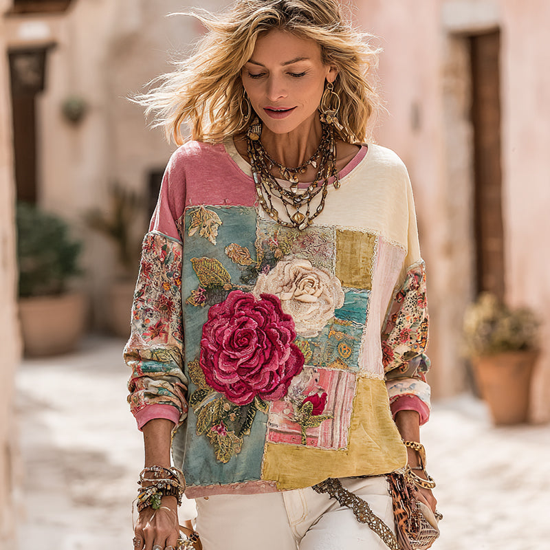Women's Vintage Rose Floral Patchwork Crew Neck Casual Sweatshirt elevenforest
