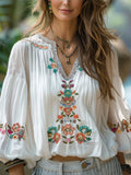 Women's Vintage Linen Bohemian Print Shirt elevenforest
