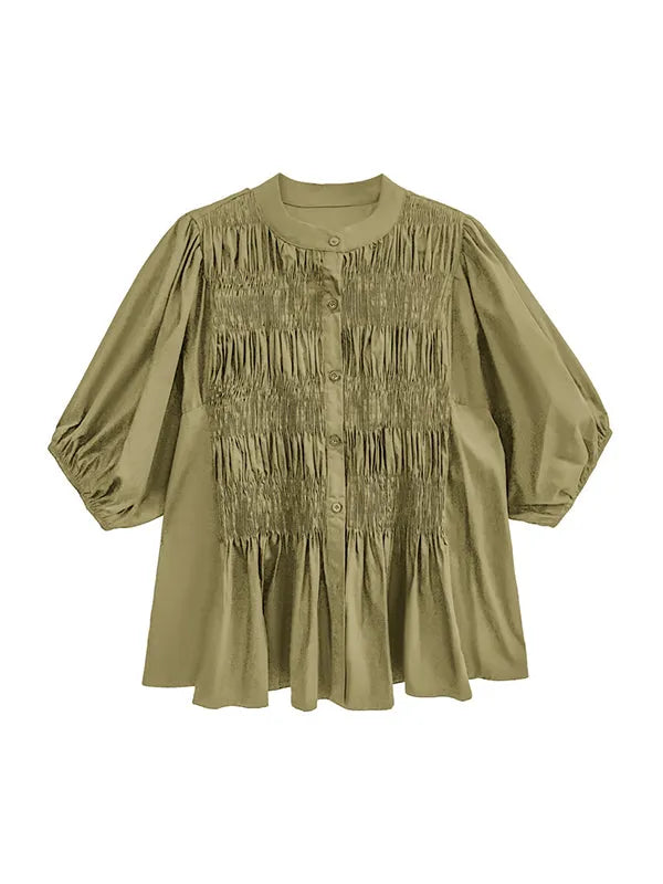 Loose Puff Sleeves Pleated Color Round-neck Blouses&shirts Tops