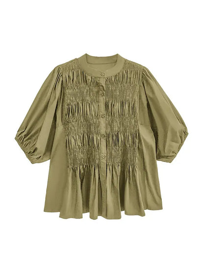 Loose Puff Sleeves Pleated Color Round-neck Blouses&shirts Tops