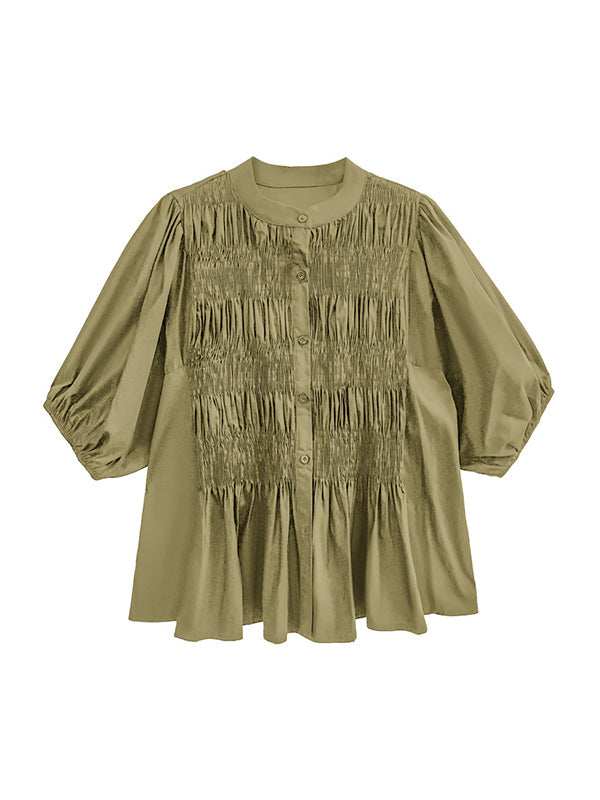 Loose Puff Sleeves Pleated Color Round-neck Blouses&shirts Tops