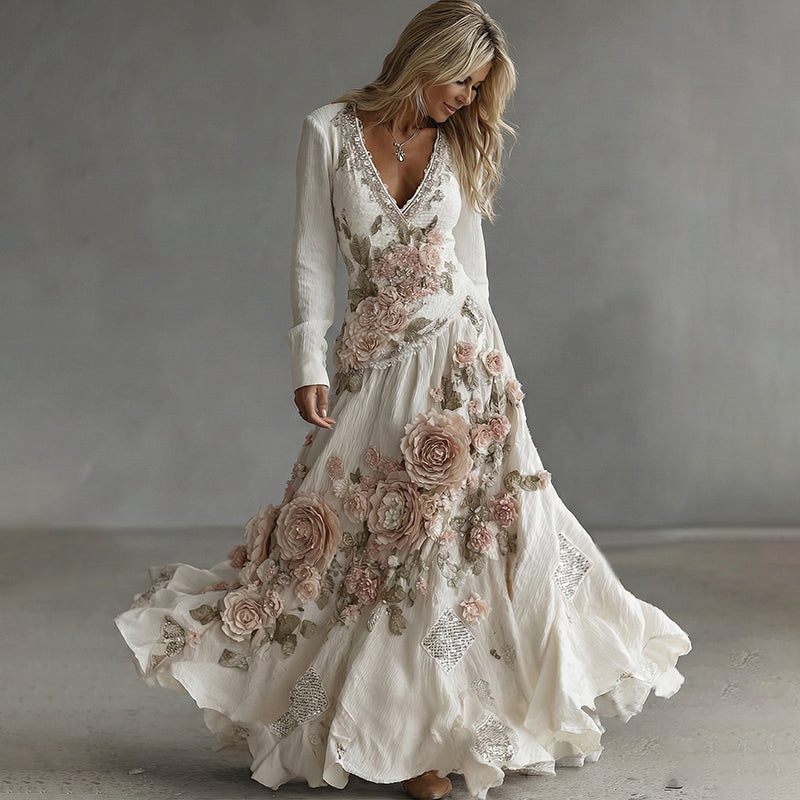 Women's Vintage Boho Pink Rose Floral Lace Sequins Art Flowy Maxi Dress elevenforest