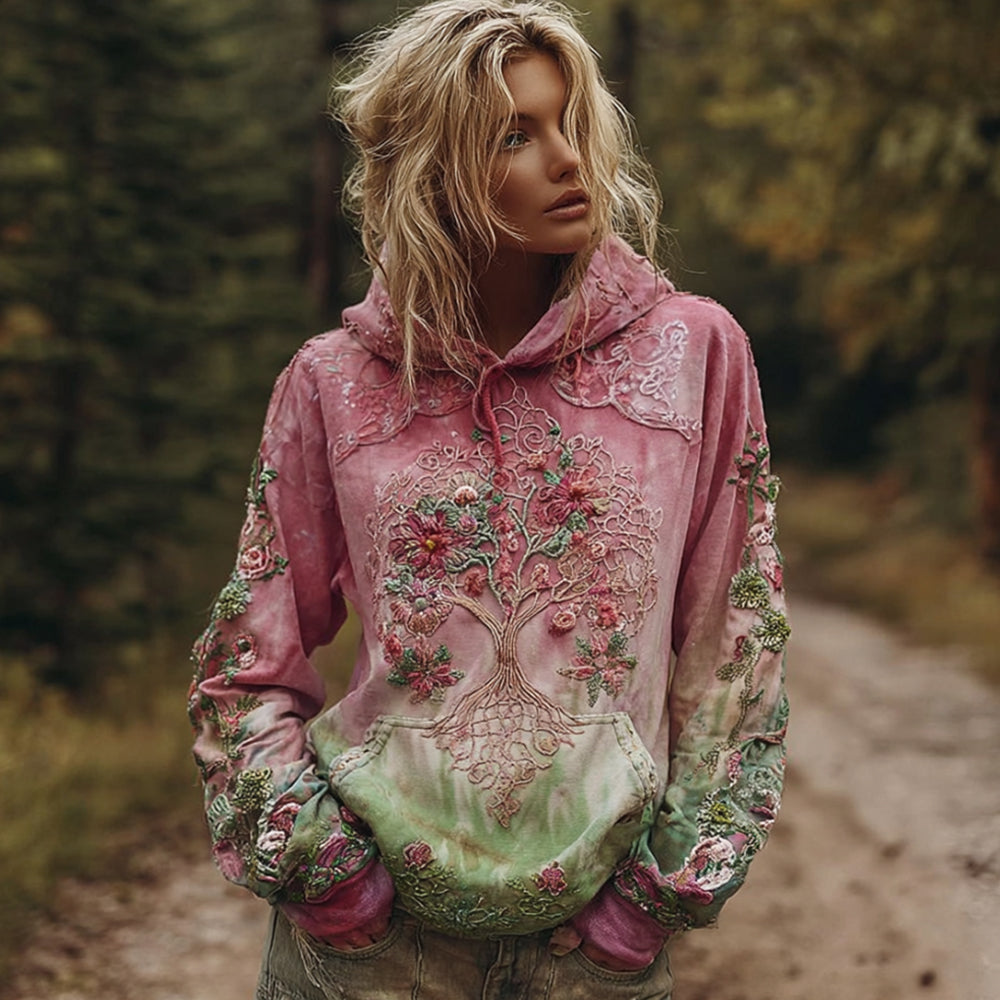 Women's Viking Tree Of Life Pink And Green Tie-dye Hoodie elevenforest