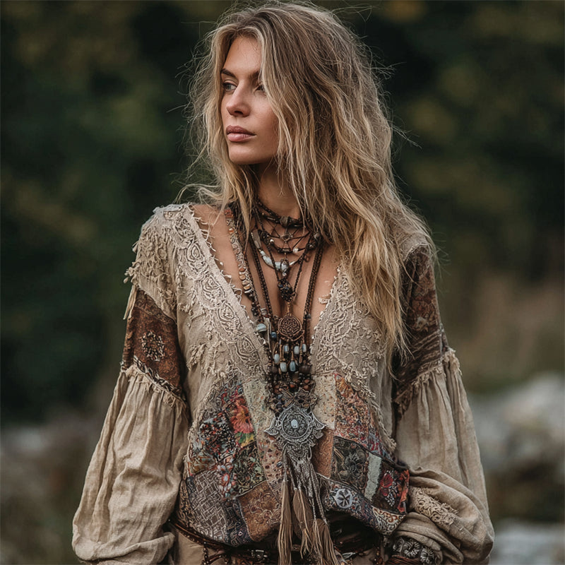 Boho Ethnic Colorblock Lace Patchwork Linen Tunic elevenforest