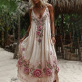 Women's Vintage Pink Rose Embroidery Art V-neck Suspender Maxi Dress