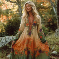 Fall Vintage Floral Embroidery Gradient Color Women's Linen V-neck Maxi Dress elevenforest