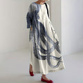 Japanese Art Octopus Print Casual Art  Linen Blend Long Sleeve Maxi Dress elevenforest