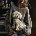 Comstylish Cute Fuzzy Dog Embroidered Cozy Knit Sweater