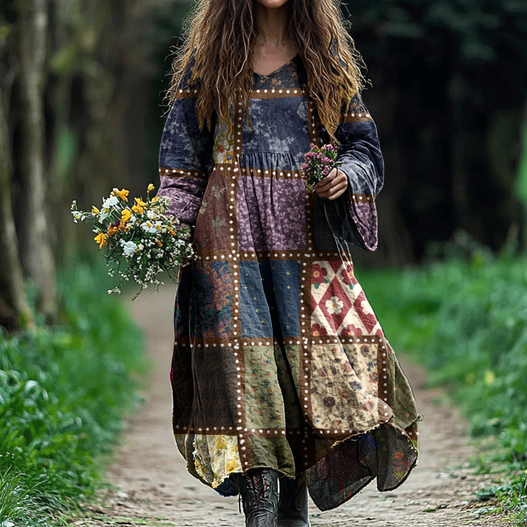 Vintage Patchwork Art Cotton Linen Comfy Maxi Dress elevenforest