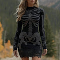 Comstylish Women's Halloween Skeleton Flower Art Embroidery Cozy Knit Mini Sweater Dress