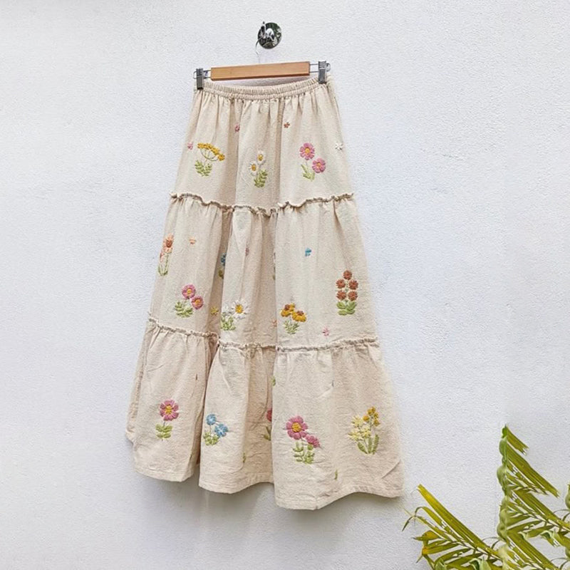 Women's Casual Floral Embroidered Linen Skirt elevenforest