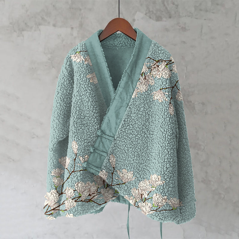 Magnolia Japanese Lino Art Cozy Fleece Kimono Cardigan elevenforest