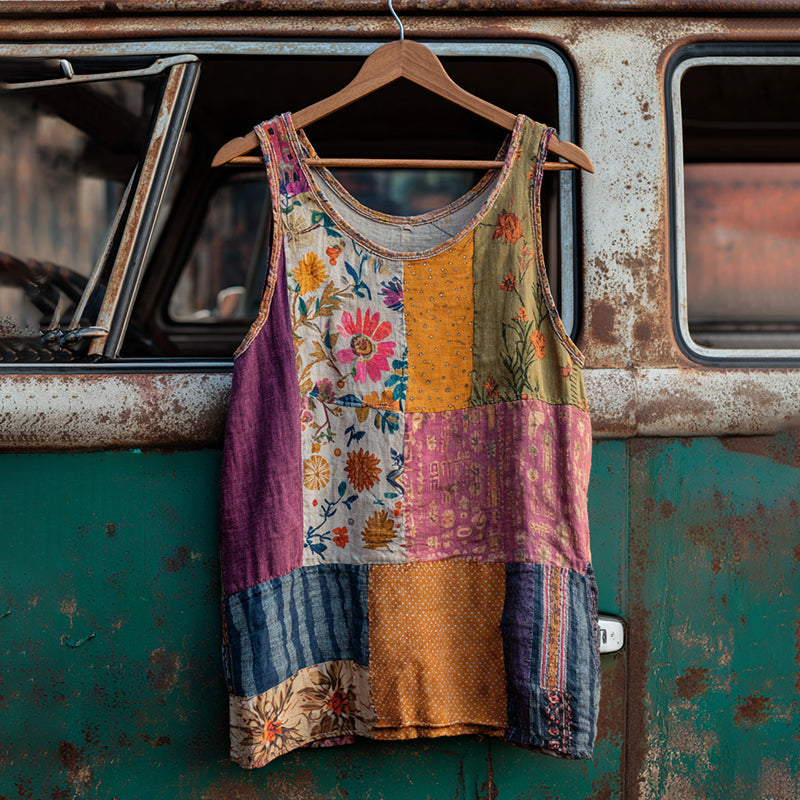Countryside Style Collection Classy Patchwork Floral Pattern Art Linen Tank Top elevenforest