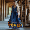 Vintage Sunflowers Floral Embroidered Art Linen Tank Dress elevenforest