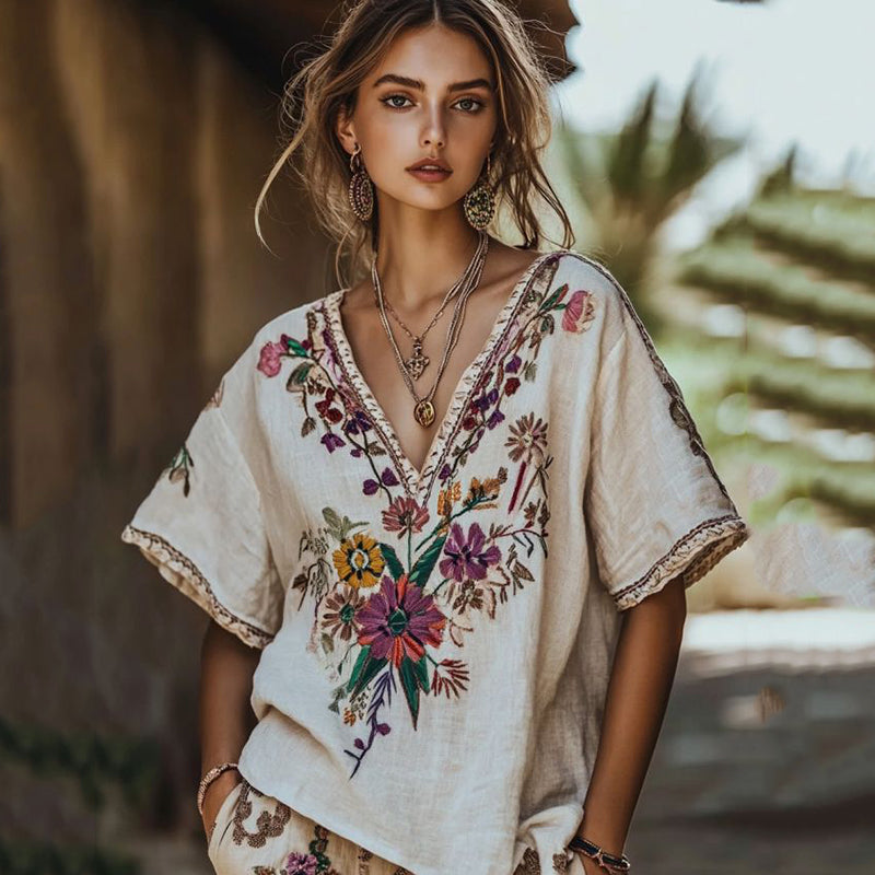 Women's Floral Embroidery Short Sleeve V Neck Casual Linen Top elevenforest