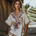 Women's Floral Embroidery Short Sleeve V Neck Casual Linen Top elevenforest