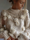 Classy White Roses Pearls Beaded Turtleneck Cozy Knit Sweater elevenforest