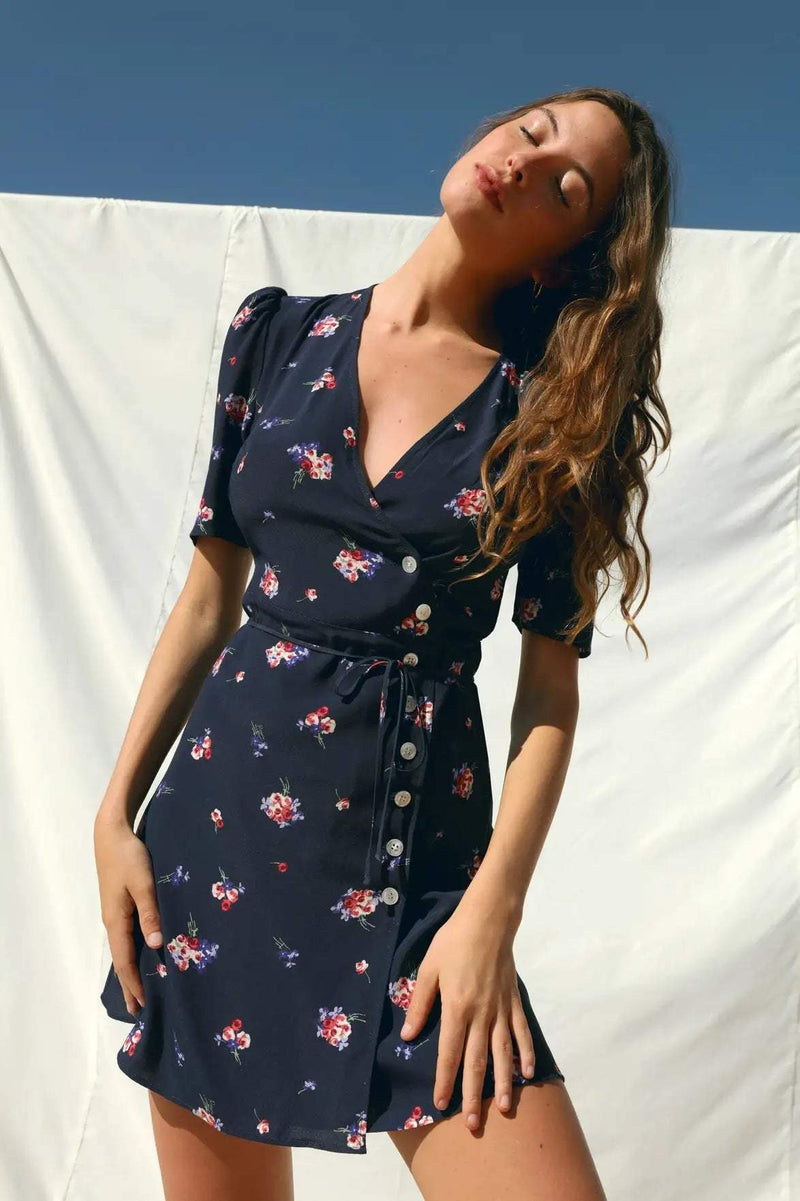 V-neck Lace Up Wrapover Buckle Mini Dress