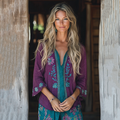 Retro Boho Tribal Floral Embroidery Print Cotton And Linen Blend Loose Blouse elevenforest