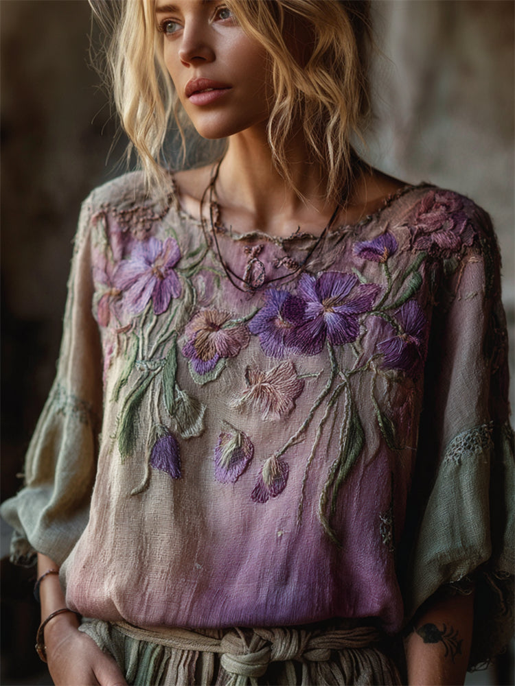 Vintage Pansy Floral Forest Gradient Flowy Linen Tunic elevenforest