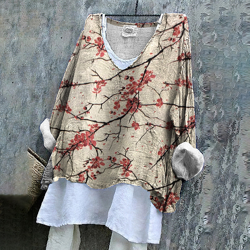 Comstylish Women's Japanese Style Floral Linen Long-sleeved Shirt