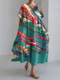 Japanese Ocean Art Print Loose Casual Midi Dress