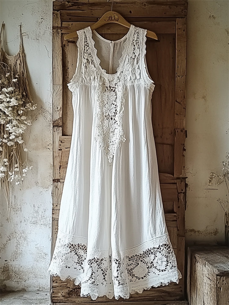 Vintage Floral Hollow Lace Patchwork Linen Tank Dress elevenforest