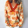 Autumn Maple Leaf Print V-Neck Knitted Pullover Sweater artswardrobe
