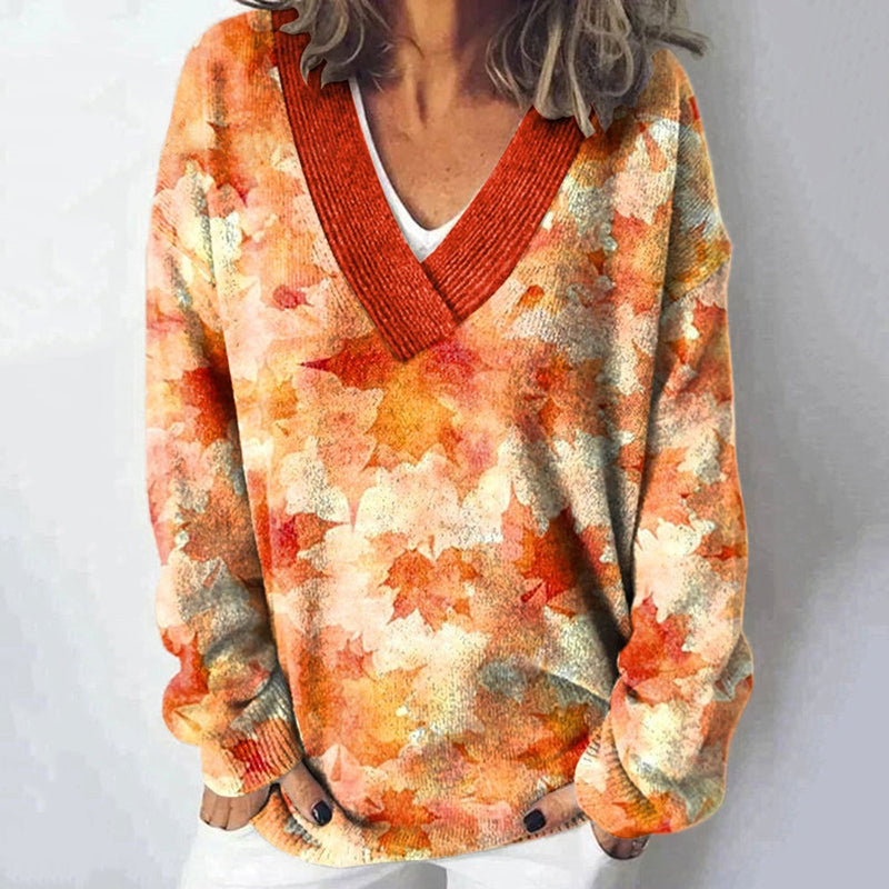 Autumn Maple Leaf Print V-Neck Knitted Pullover Sweater artswardrobe