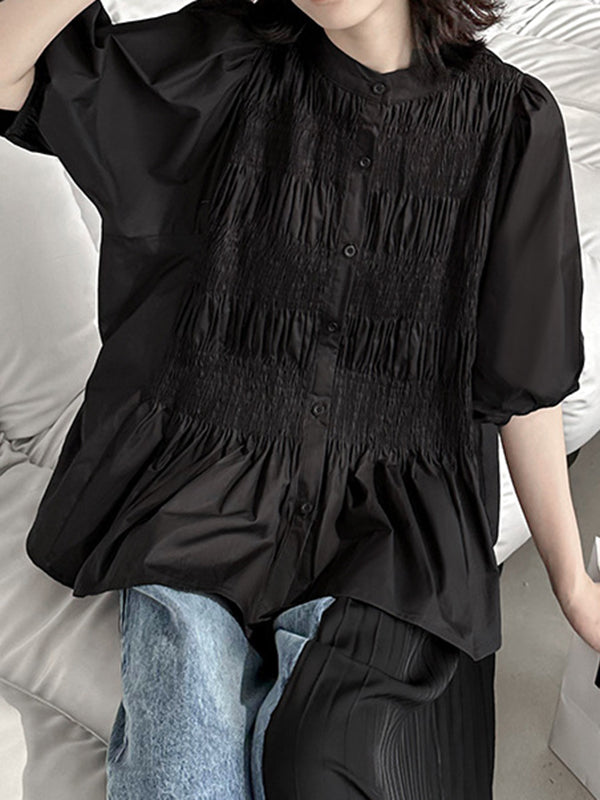 Loose Puff Sleeves Pleated Color Round-neck Blouses&shirts Tops