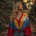 Colorful Parrot Wings Art V-neck Cotton And Linen Top elevenforest