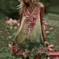 Vintage Cherry Blossom Gradient Art Linen Midi Dress elevenforest