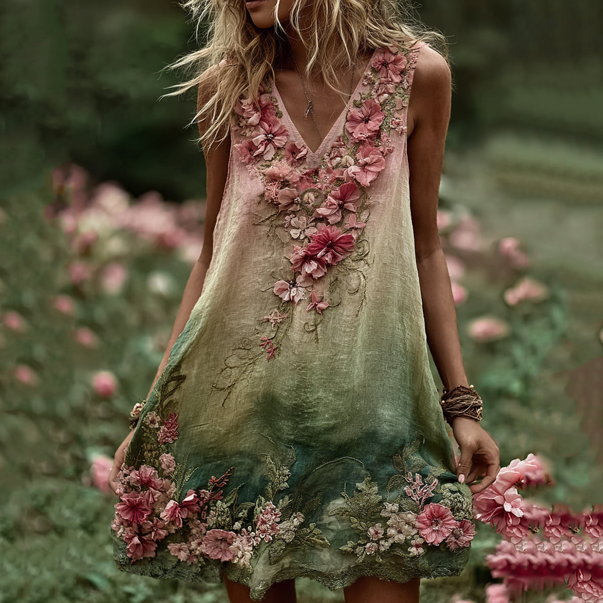 Vintage Cherry Blossom Gradient Art Linen Midi Dress elevenforest