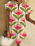 Flower Art Print Ruffled Short-sleeved V-neck Buttoned Dress Vacation Beach Dress
