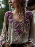 Bohemian Style Round Neck Long Sleeve 3d Purple Flower Design Cotton And Linen Top For Women elevenforest