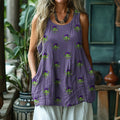 Comstylish Women's Scottish Thistle Embroidery Print Linen Blend Casual Tank Top
