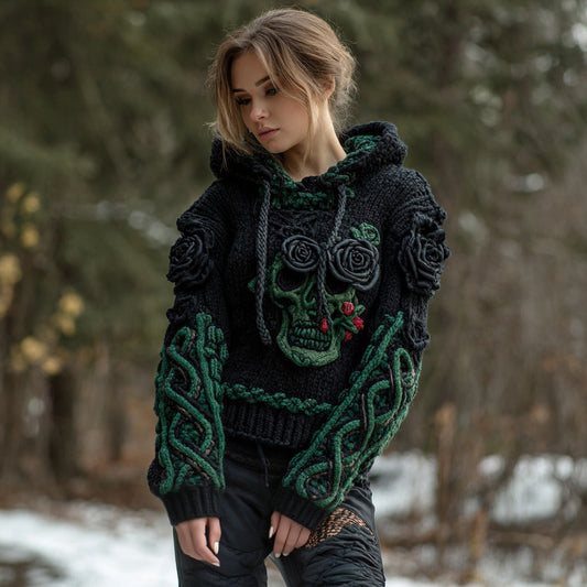 Comstylish Women's Vintage Celtic Knot Skull And Rose Patchwork Hooded Sweater