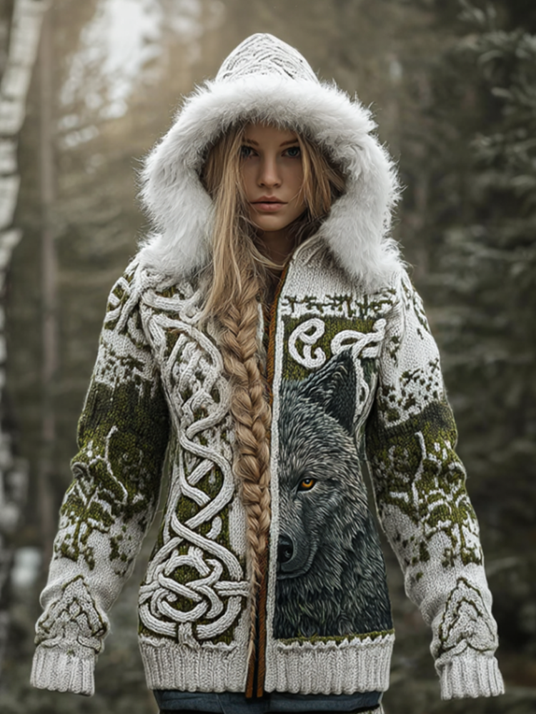 Comstylish Viking Retro Style Women's Winter Warmth Knit Hooded Sweater Jacket