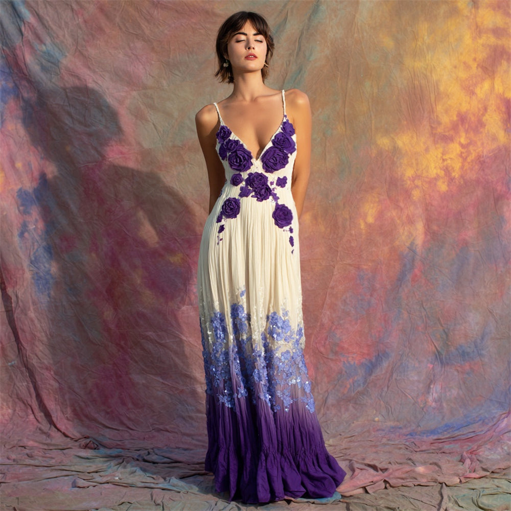 Elegant Boho Floral Sequin Embroidery Women's Spaghetti Strap Maxi Dress elevenforest
