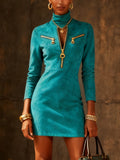Blue Faux Suede Zip-Detail Turtleneck Mini Dress