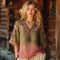 Vintage Cherry Blossoms Embroidery Linen Blend Shirt elevenforest