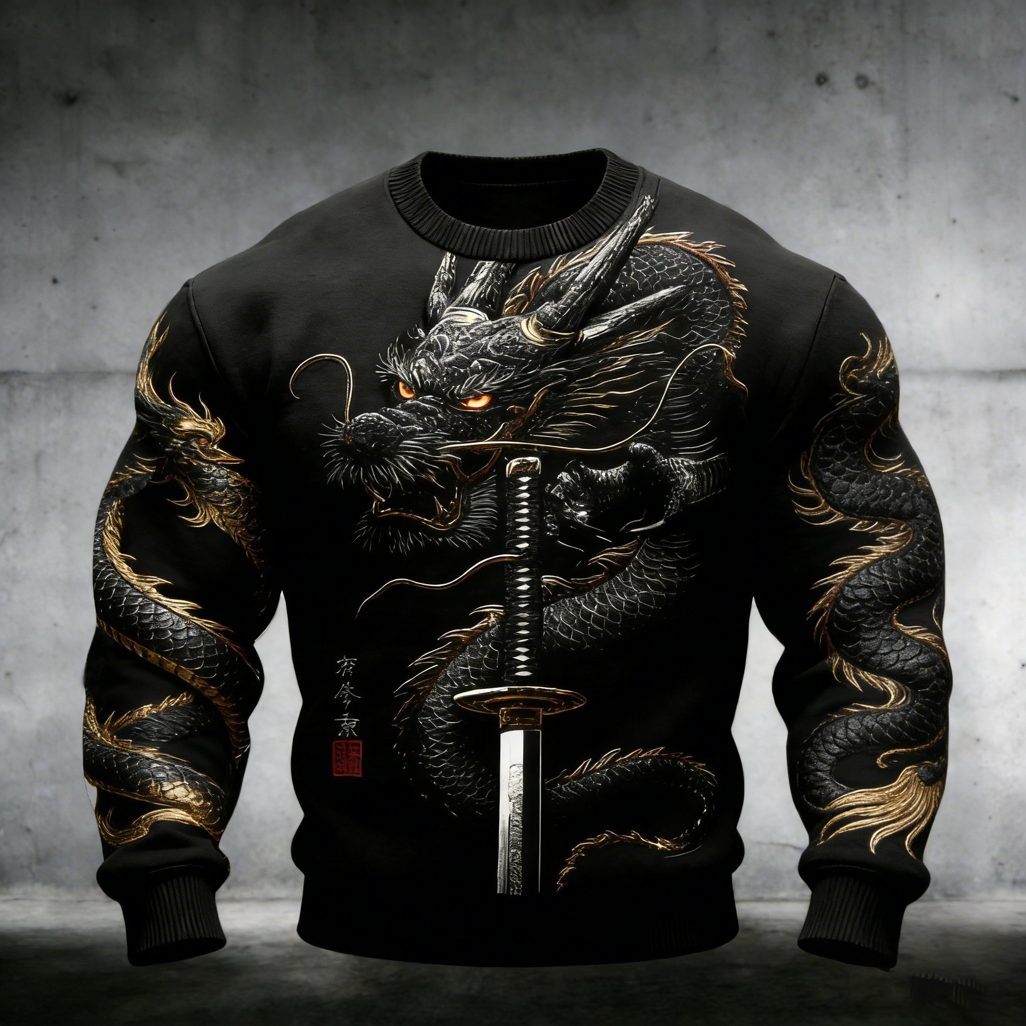 Men's Retro Dragon With Japanese Samurai Pattern Knit Sweater elevenforest