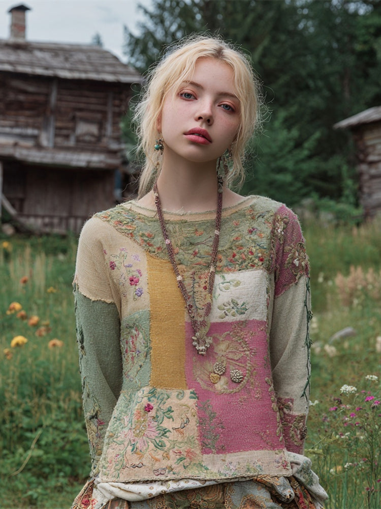 Vintage Boho Floral Patchwork Art Women's Knit Crew Neck Sweater elevenforest
