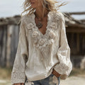 Boho Rose Embroidered Tassel Art Linen Long Sleeve Blouse elevenforest