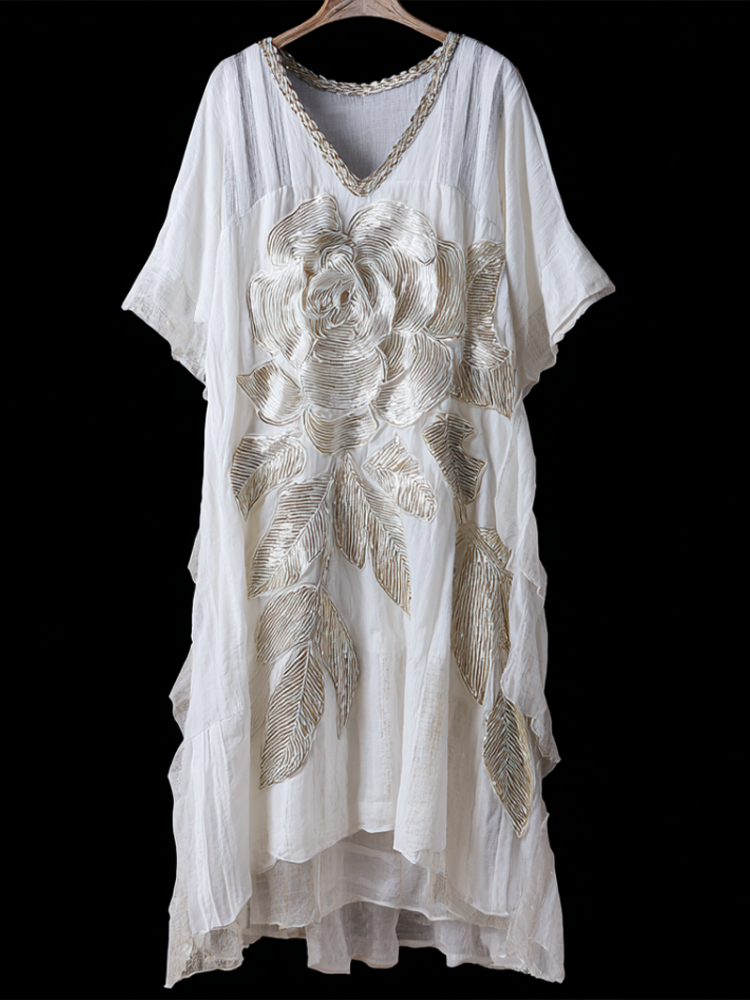Retro White Rose With Sparkle Women's V-neck Long Dress elevenforest