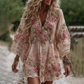 Women's Vintage Rose Embroidery Art Comfy Linen Mini Dress elevenforest